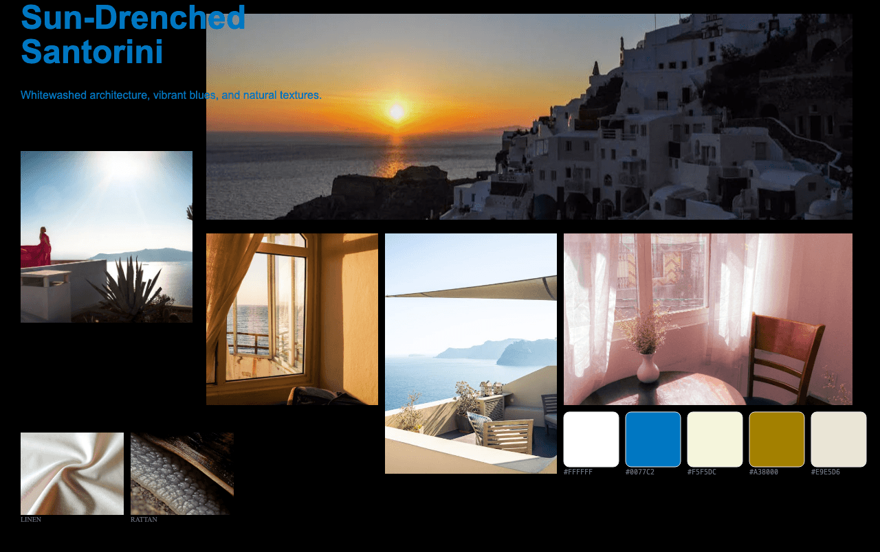 Complete Sun-Drenched Santorini moodboard layout with reference images and color palette