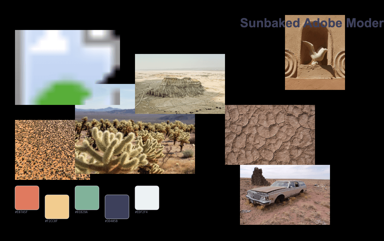 Complete Sunbaked Adobe Modern moodboard layout with reference images and color palette