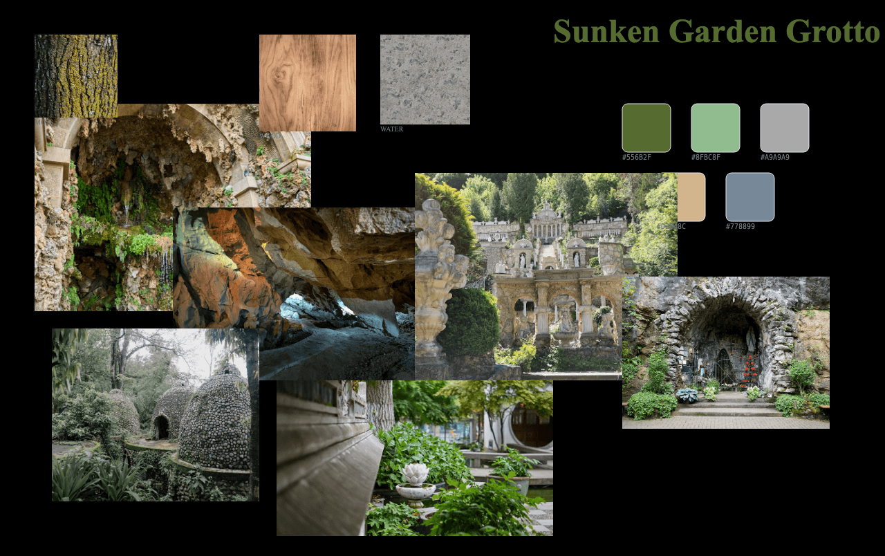 Complete Sunken Garden Grotto moodboard layout with reference images and color palette