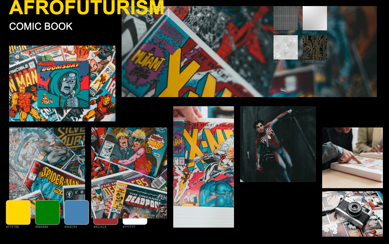 Complete Afrofuturism Comic Book moodboard layout with reference images and color palette