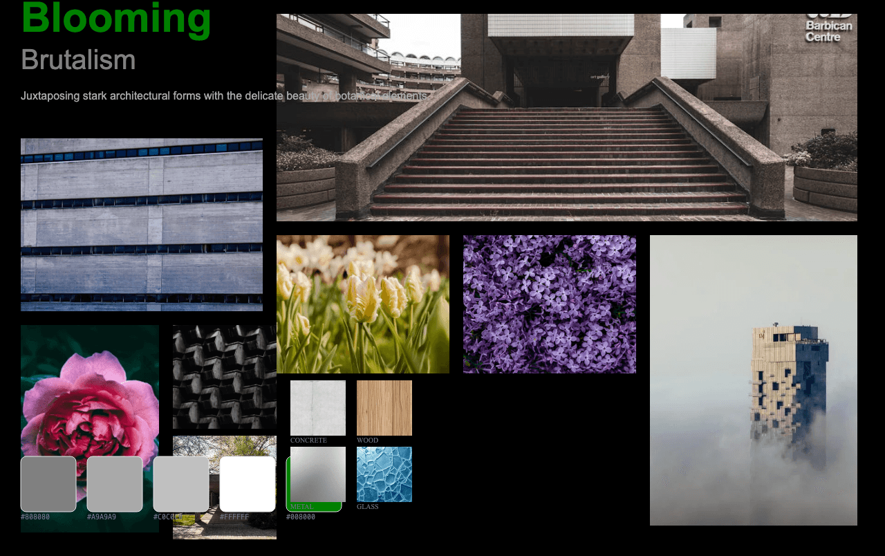 Complete Blooming Brutalism moodboard layout with reference images and color palette