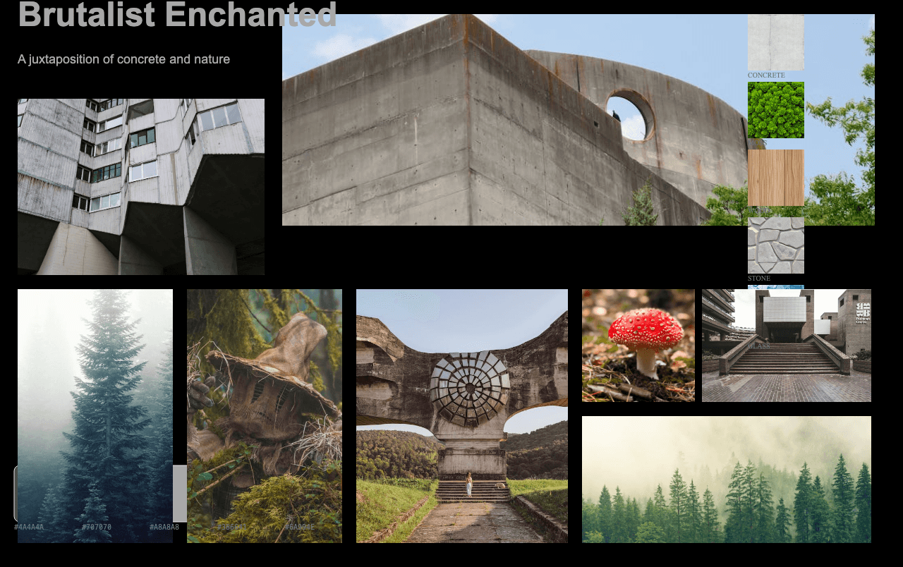 Complete Brutalist Enchanted Forest moodboard layout with reference images and color palette