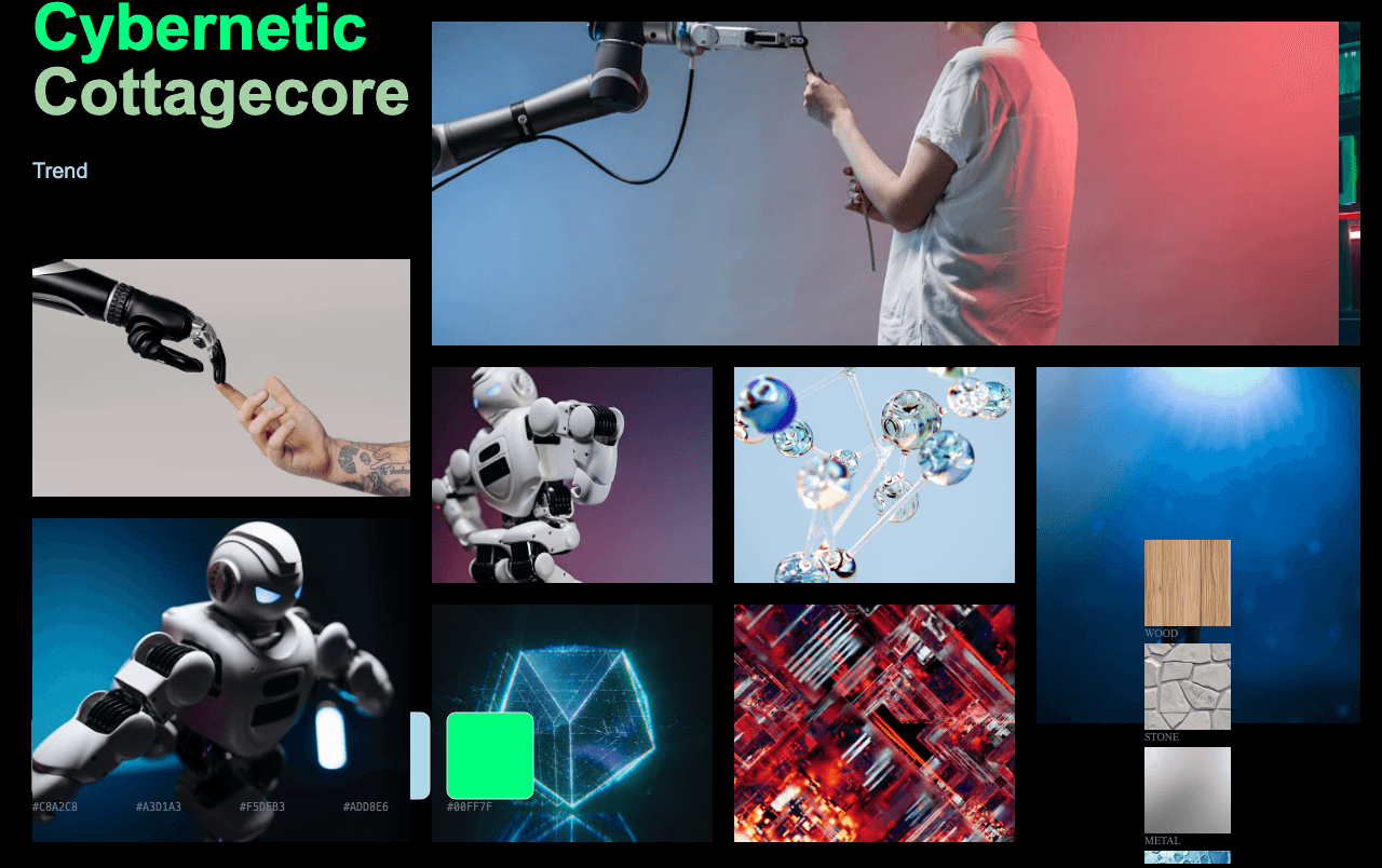 Complete Cybernetic Cottagecore moodboard layout with reference images and color palette