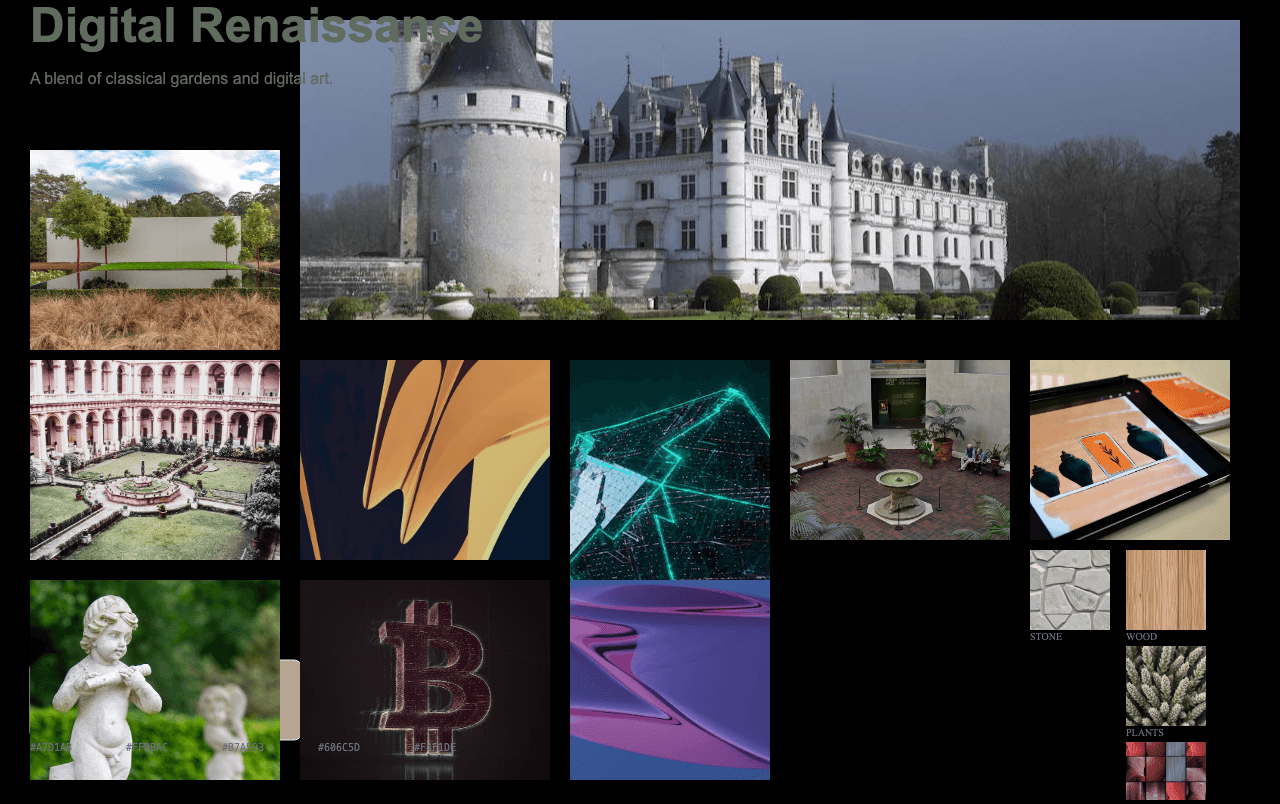 Complete Digital Renaissance Garden moodboard layout with reference images and color palette