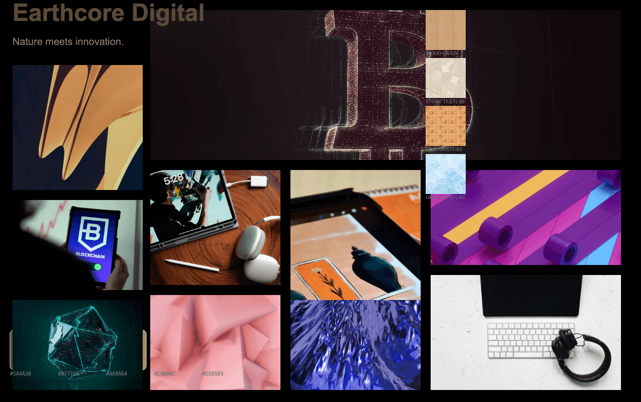 Complete Earthcore Digital moodboard layout with reference images and color palette