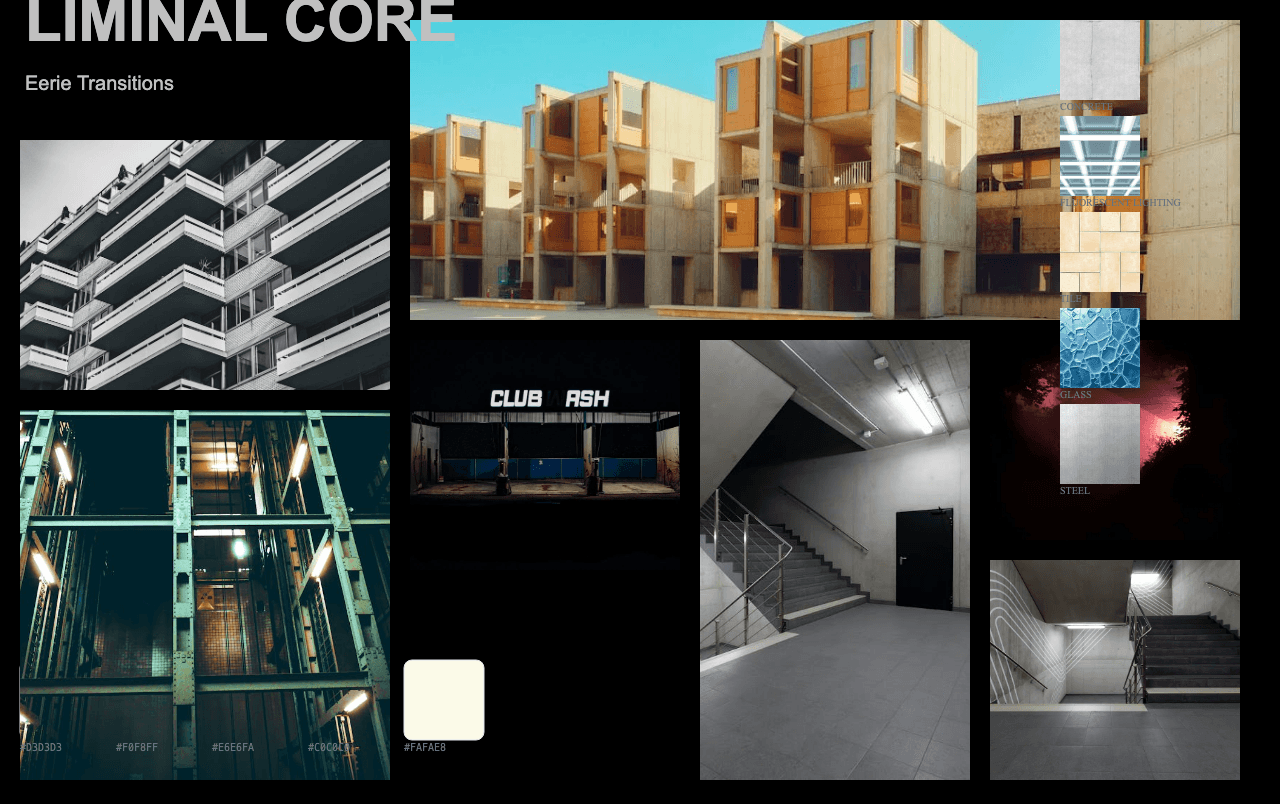 Complete Liminal Core moodboard layout with reference images and color palette