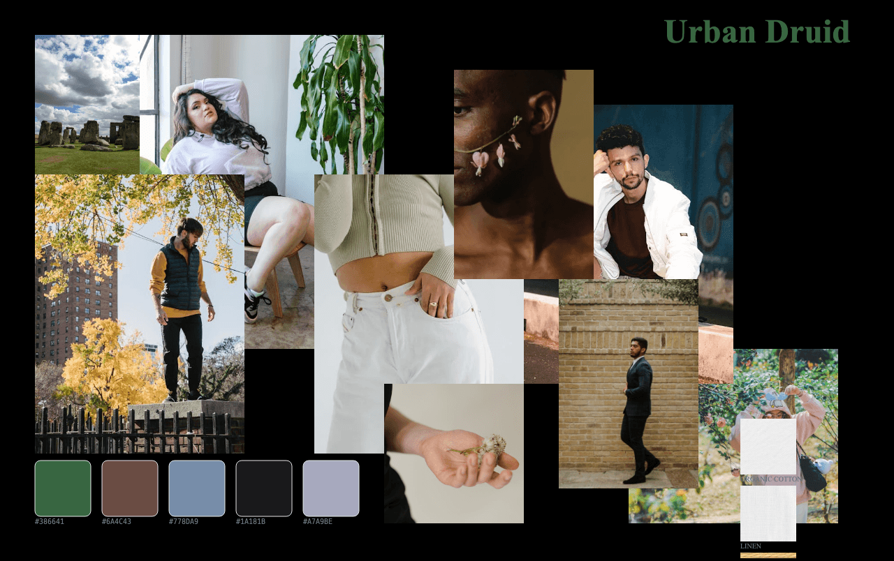 Complete Urban Druid Aesthetic moodboard layout with reference images and color palette