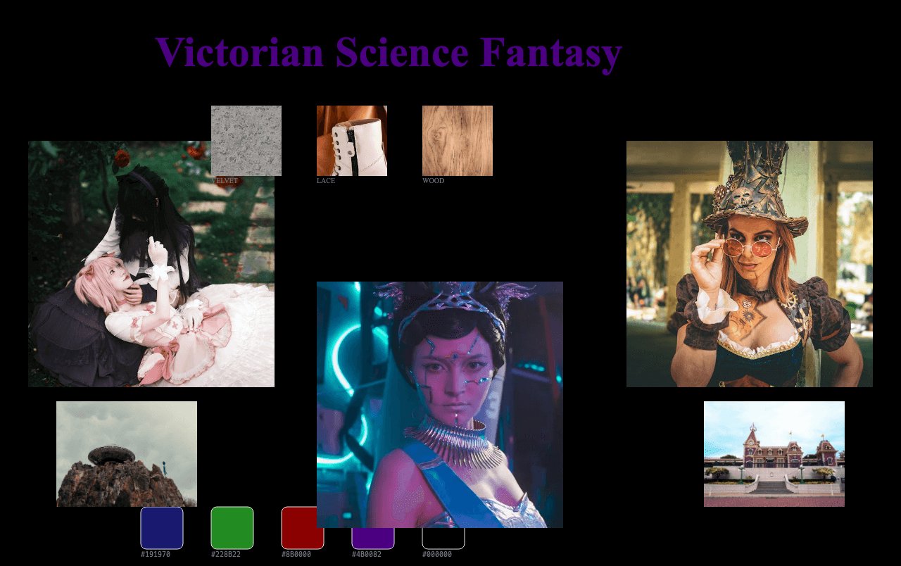 Complete Victorian Science Fantasy moodboard layout with reference images and color palette