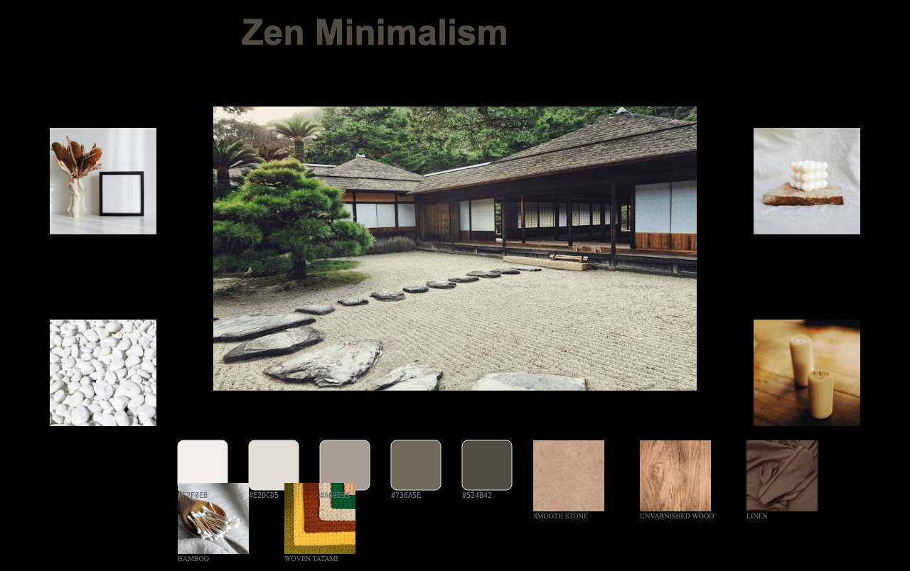 Complete Zen Minimalism moodboard layout with reference images and color palette